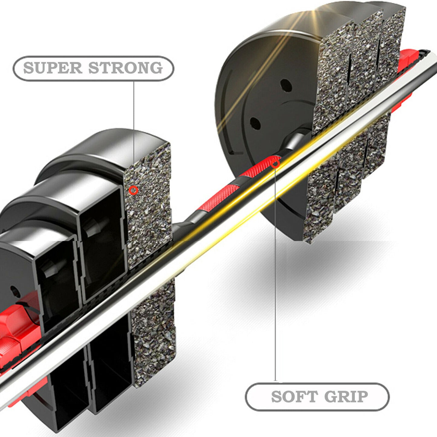 Close-up of a golf club with 'Super Strong' and 'Soft Grip' labels on a white background