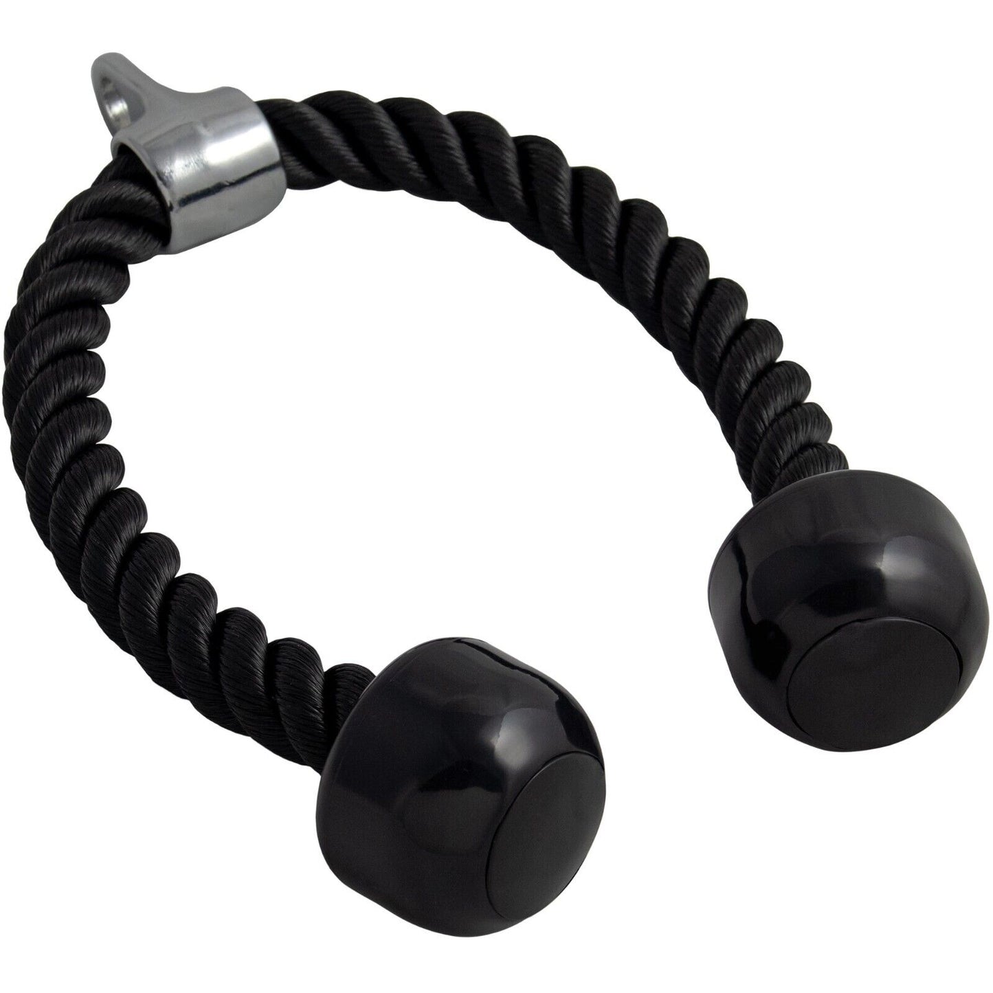 Black tricep rope strap with metal clip on a white background