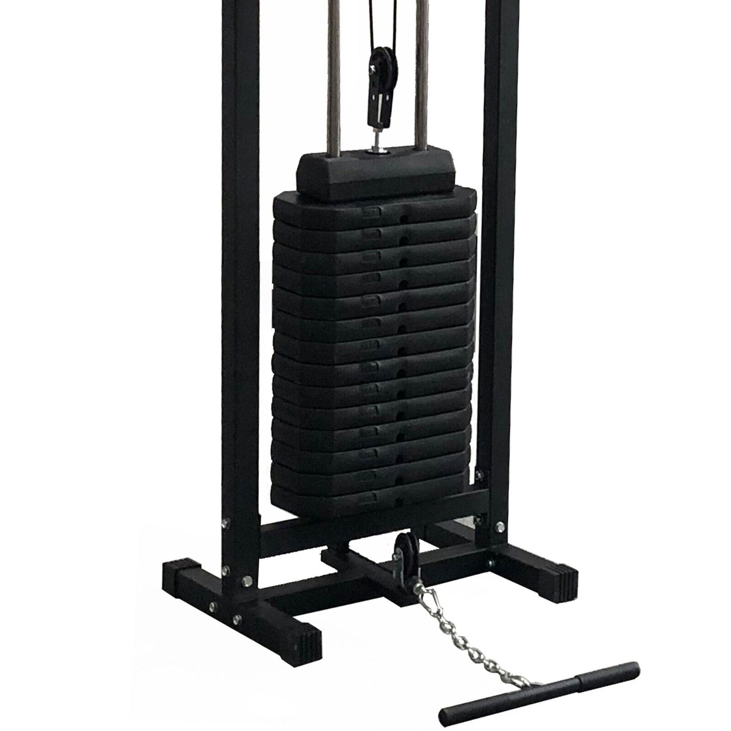 Black weight stack on a fitness machine with a white background