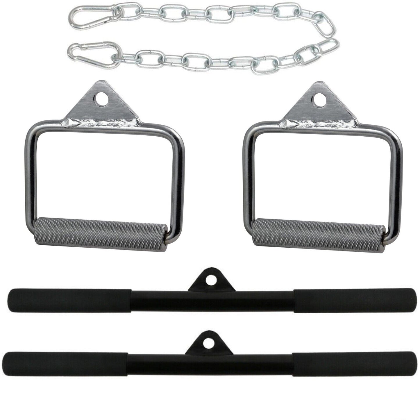 Set of metal handles, chain and lat pull down bars on a white background