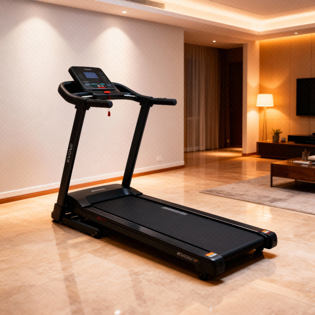 Foldable Evolve B5 running machine for small spaces and easy home storage