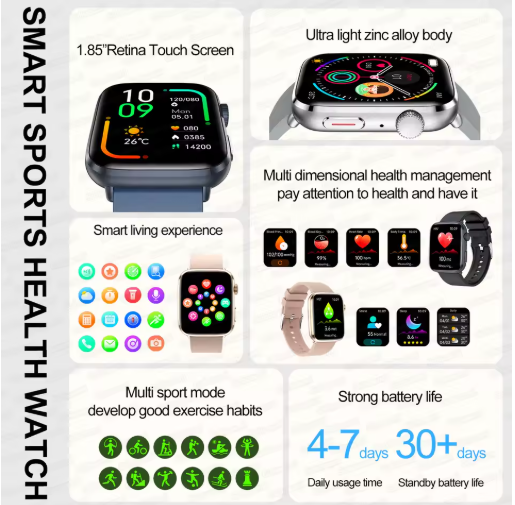 Smart sports health watch with features listed on a white background