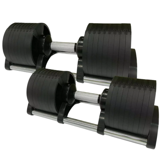 Pair of black adjustable dumbbells with chrome rods on a white background
