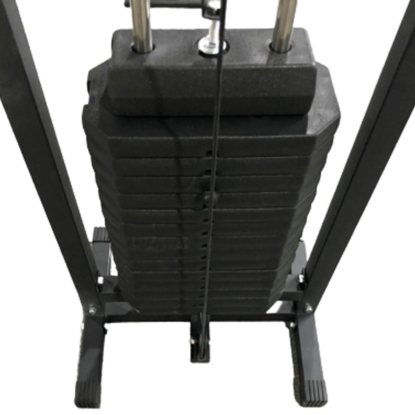 Stack of black weights on a metal stand with a white background