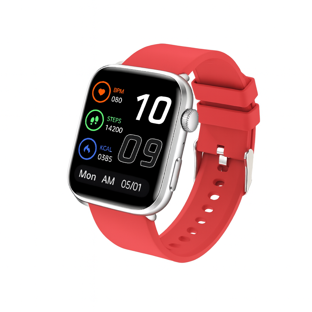 2025 Pulserig Unisex Smart Sports Health Watch in red – premium budget smartwatch with AMOLED display, Bluetooth calls, waterproof, 100+ sport modes, and full health tracking.