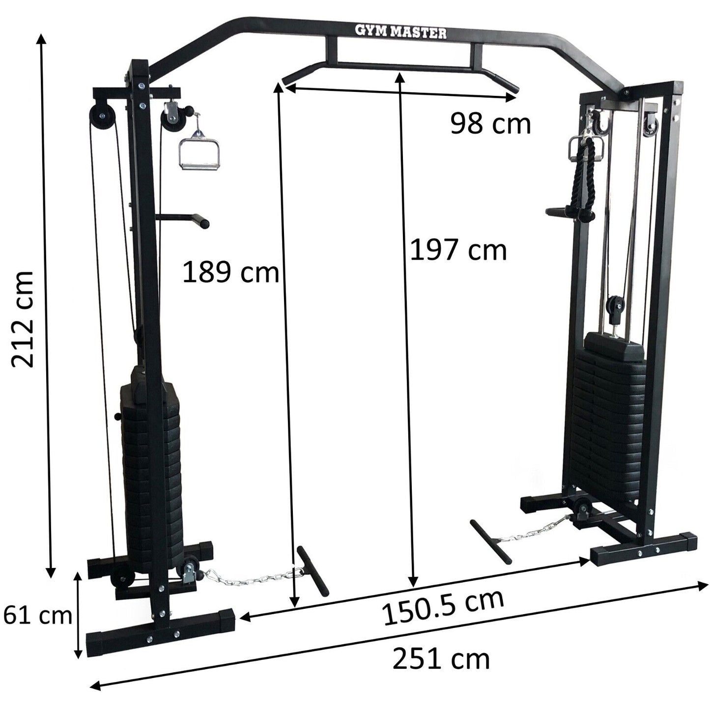 Gym Master exercise equipment with dimensions labeled on a white background