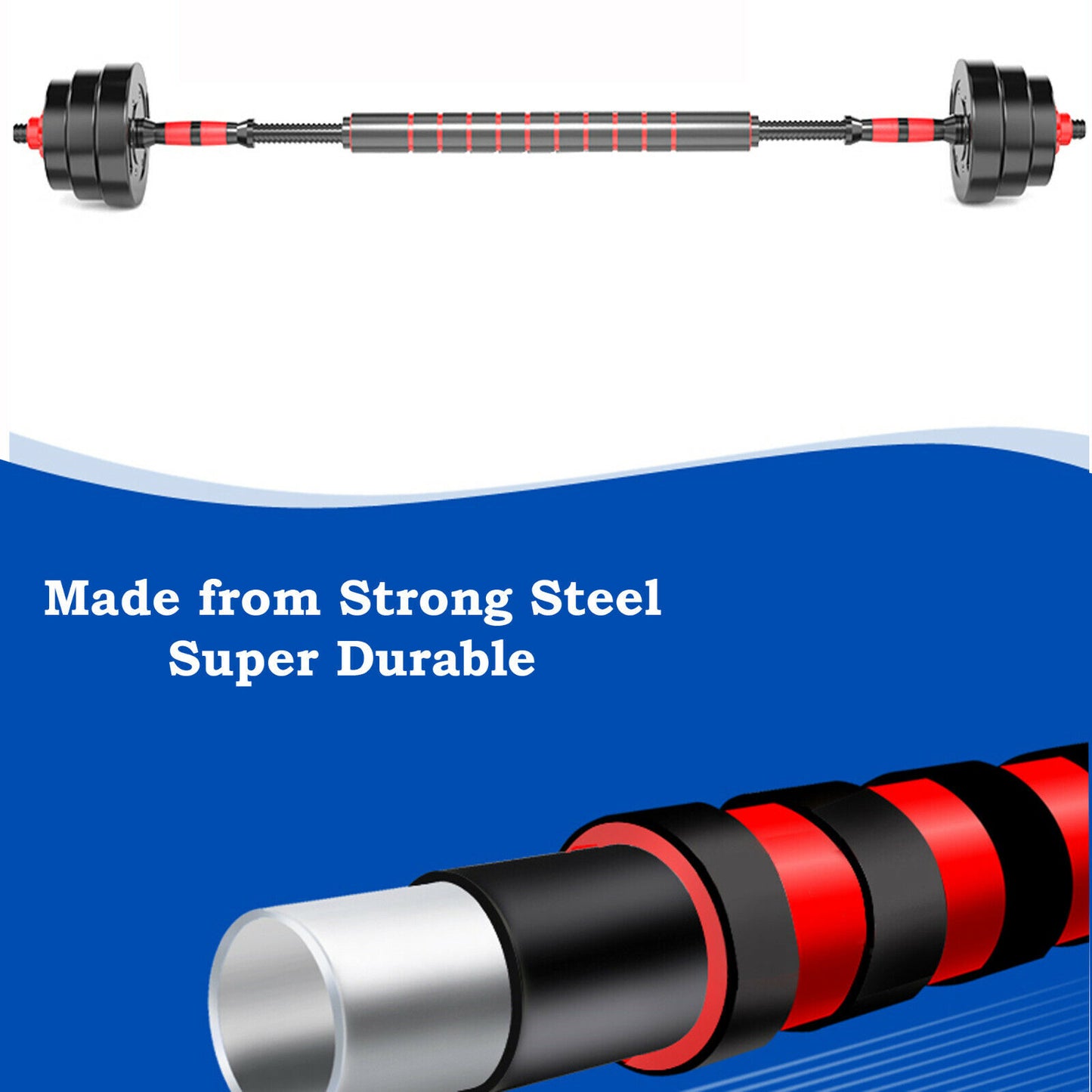 Barbell with red and black weights on a blue background with text 'Made from Strong Steel Super Durable'.