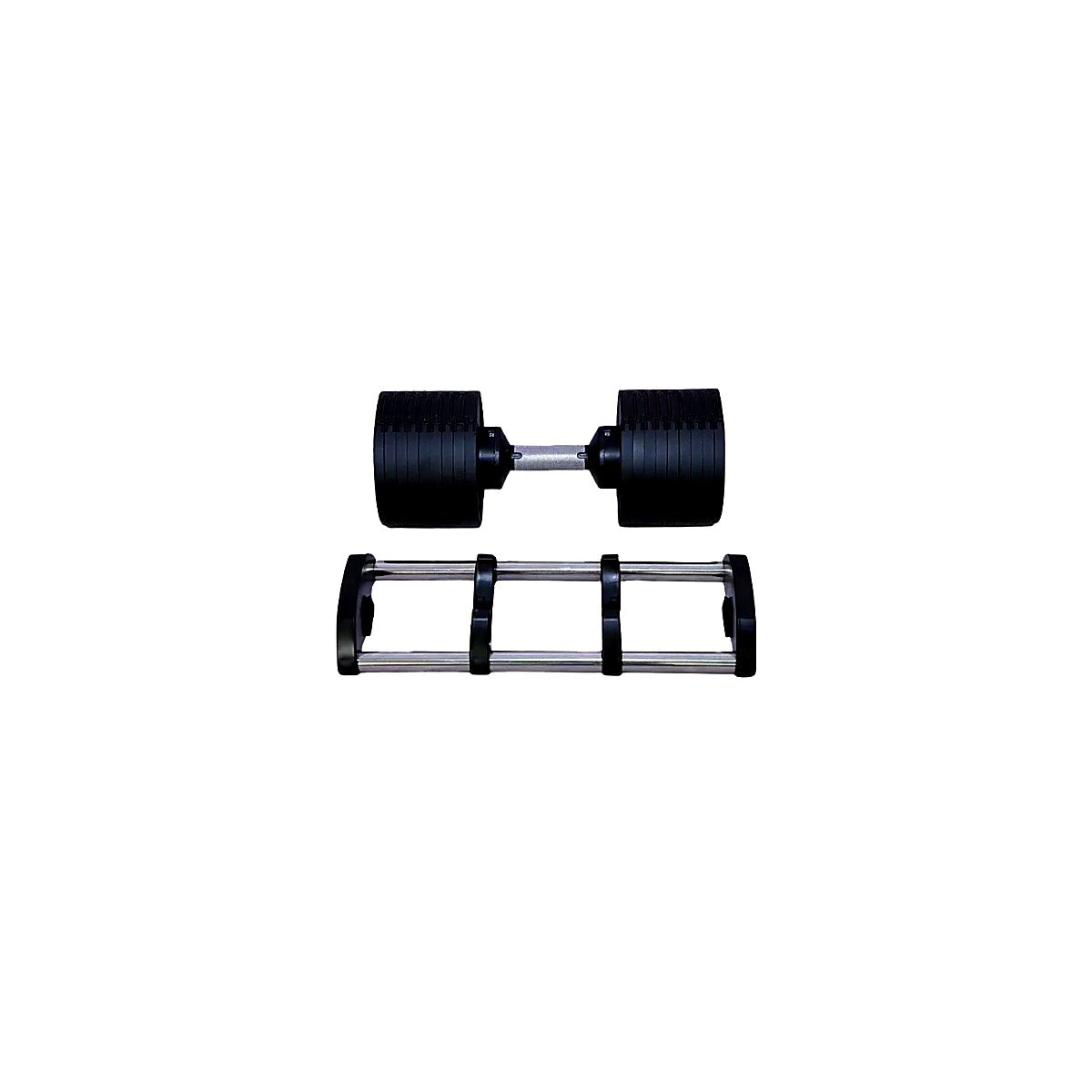 Pair of black adjustable dumbbells on a white background with empty tray