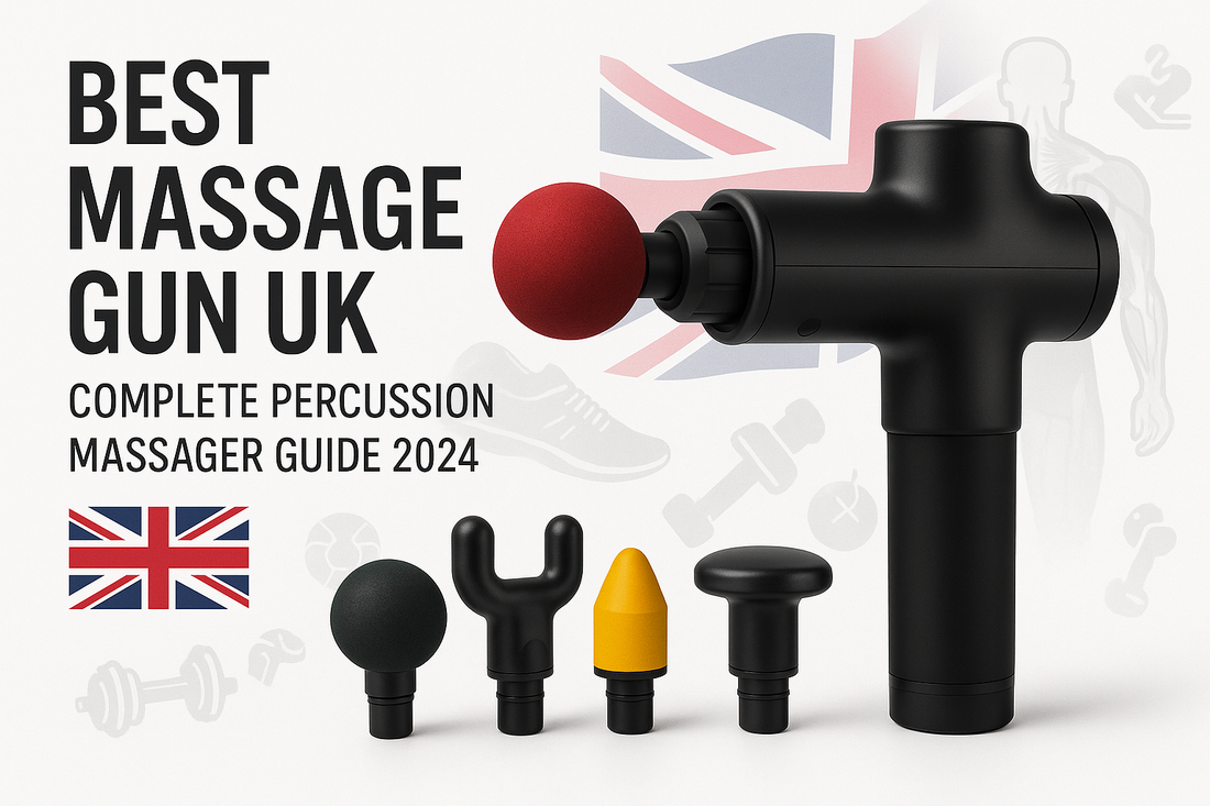 Professional black percussion massage gun with interchangeable attachment heads including round ball, bullet point, flat head, and fork attachments for UK fitness recovery and muscle therapy guide