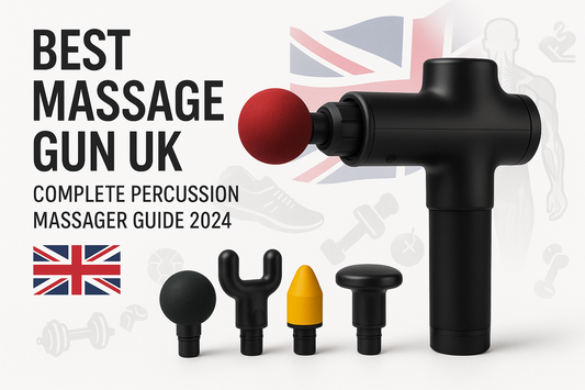 Professional black percussion massage gun with interchangeable attachment heads including round ball, bullet point, flat head, and fork attachments for UK fitness recovery and muscle therapy guide