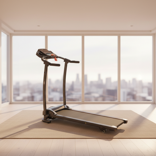 Folding electric treadmill in modern UK home with city view - compact cardio equipment for small spaces