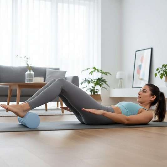 Woman using light blue foam roller for upper back muscle recovery at home in modern living room, demonstrating proper foam rolling technique for desk workers and runners