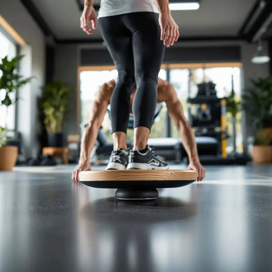Comparison of textured and wooden balance boards showing different sizes for UK home fitness