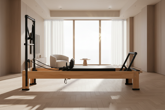 Wooden Pilates reformer machine in minimalist home gym. Pinterest pin for UK buyer's guide with free 4-week beginner plan.