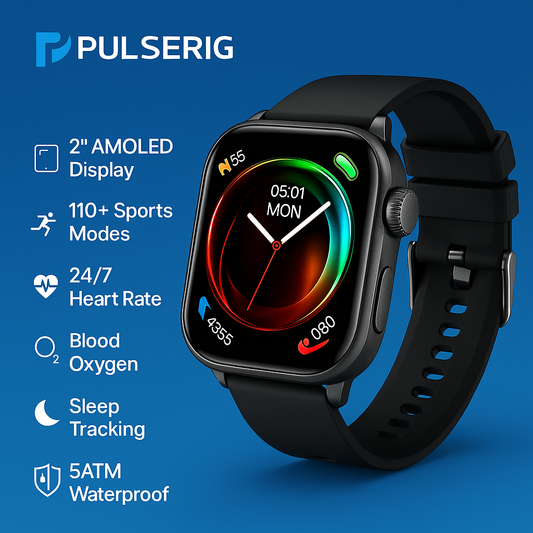 Smartwatch with features listed on a blue background, branded as Pulserig.