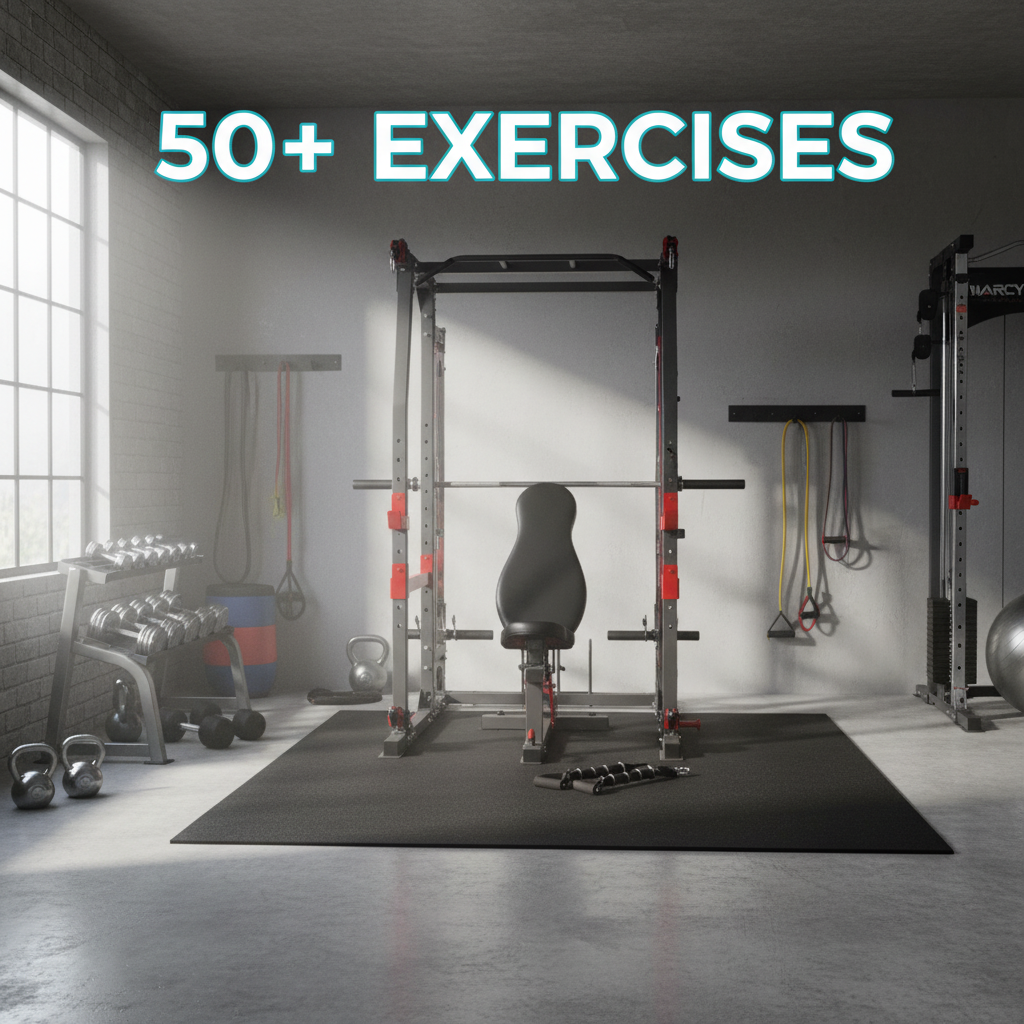  Marcy Pro SM-4903 Smith Machine offering 50 plus exercises in modern garage gym