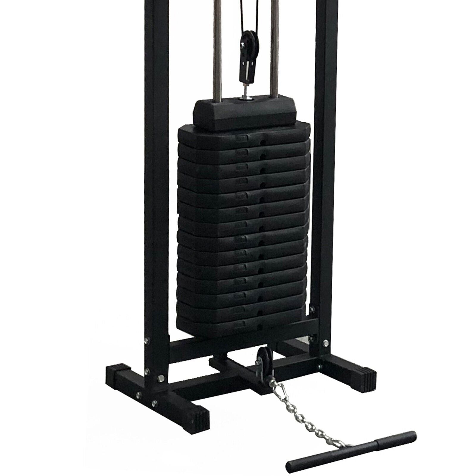 Black weight stack on a fitness machine with a white background