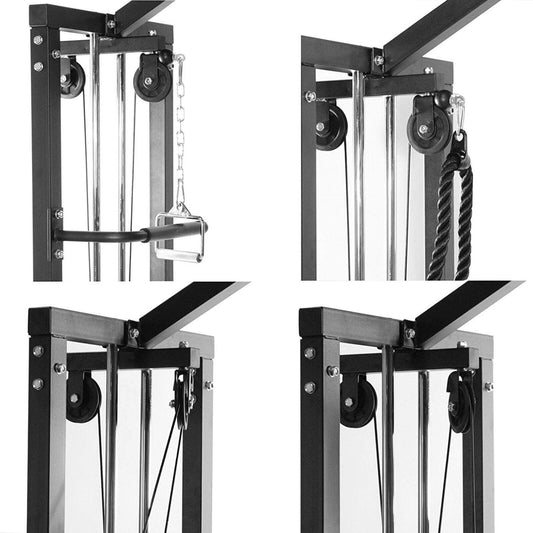 Pulley system with stirrup handles, tricep rope, and straight bars included
