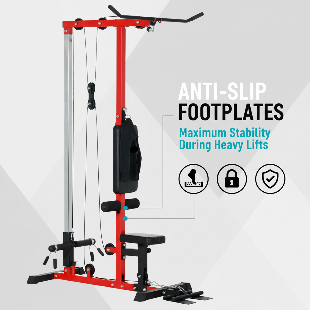 Anti-slip footplates on cable machine for maximum stability during heavy lifts
