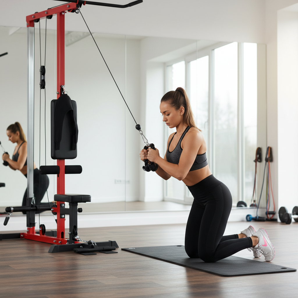 Woman doing ab crunches with cable attachment on multi-function home gym machine