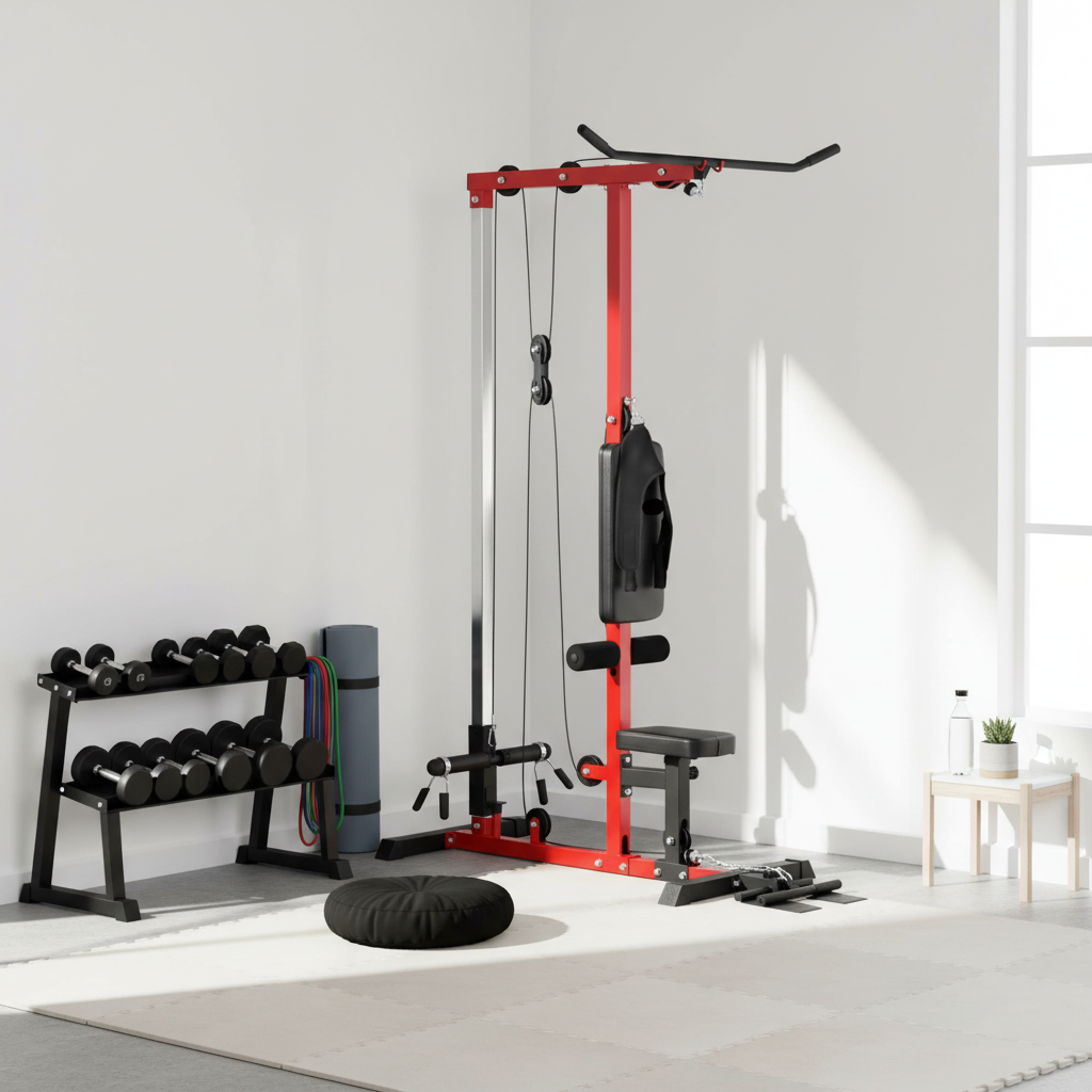 Complete home gym setup featuring lat pulldown cable machine with dumbbells and fitness accessories