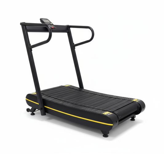 Black Curved running machine  treadmill with yellow accents on a white background
