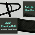Curved running machine Product features including reinforced support frame, anti-slip handles, and chain running belt on a gray background.