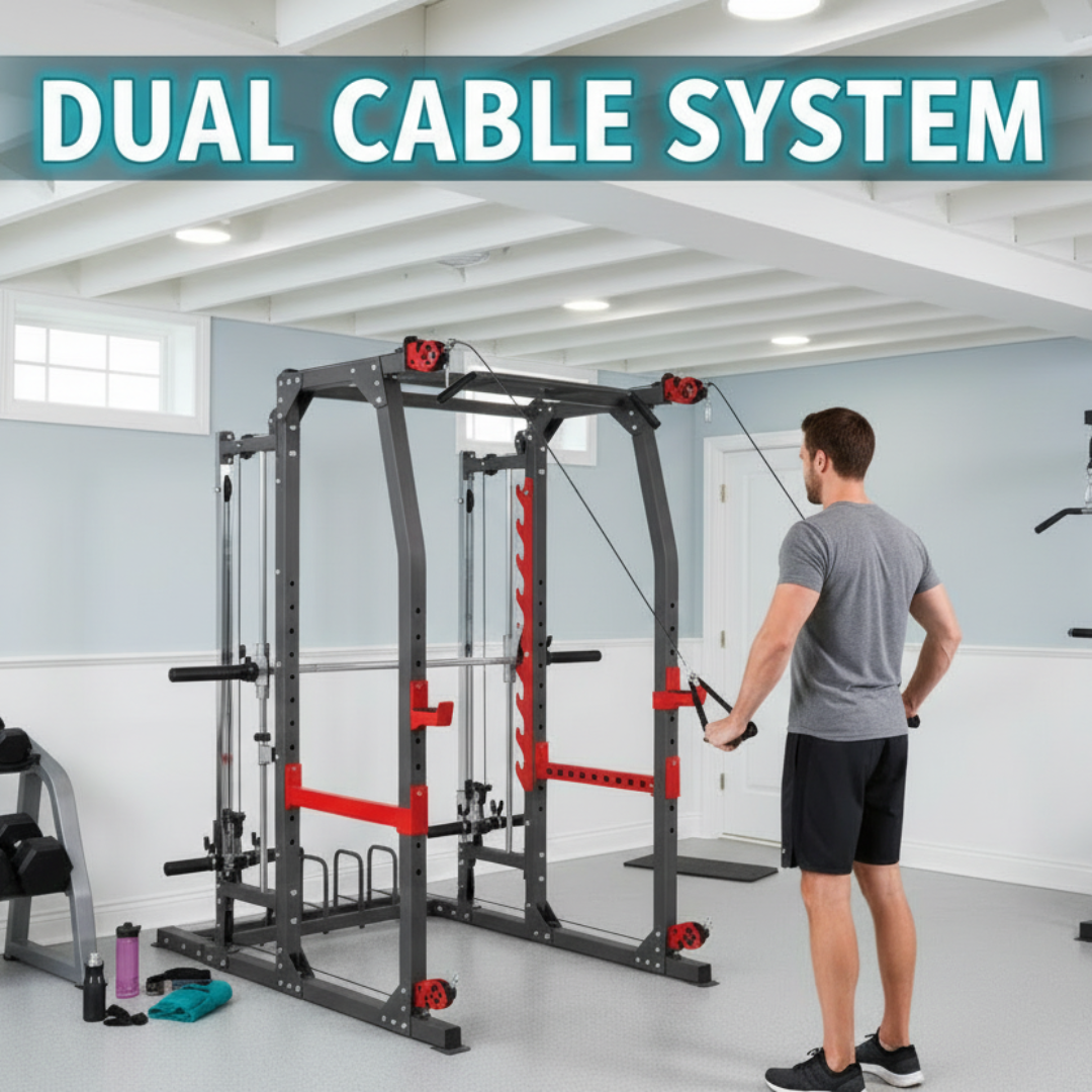 Dual cable crossover system feature on Marcy SM-4903 in basement home gym