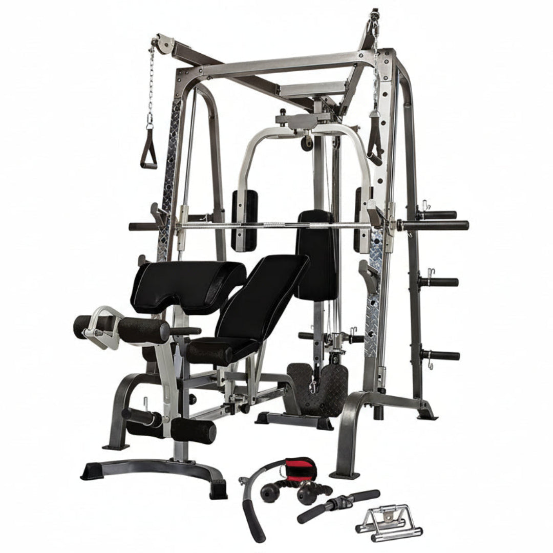 Multigym fitness equipment with various attachments on a white background