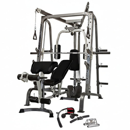 Multigym fitness equipment with various attachments on a white background