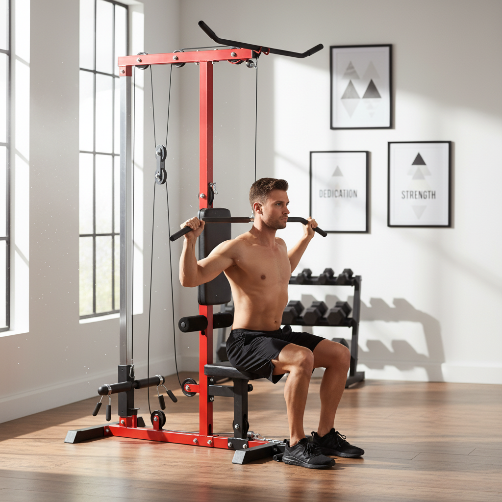 Man performing wide-grip lat pulldown exercise on adjustable cable machine in modern home gym