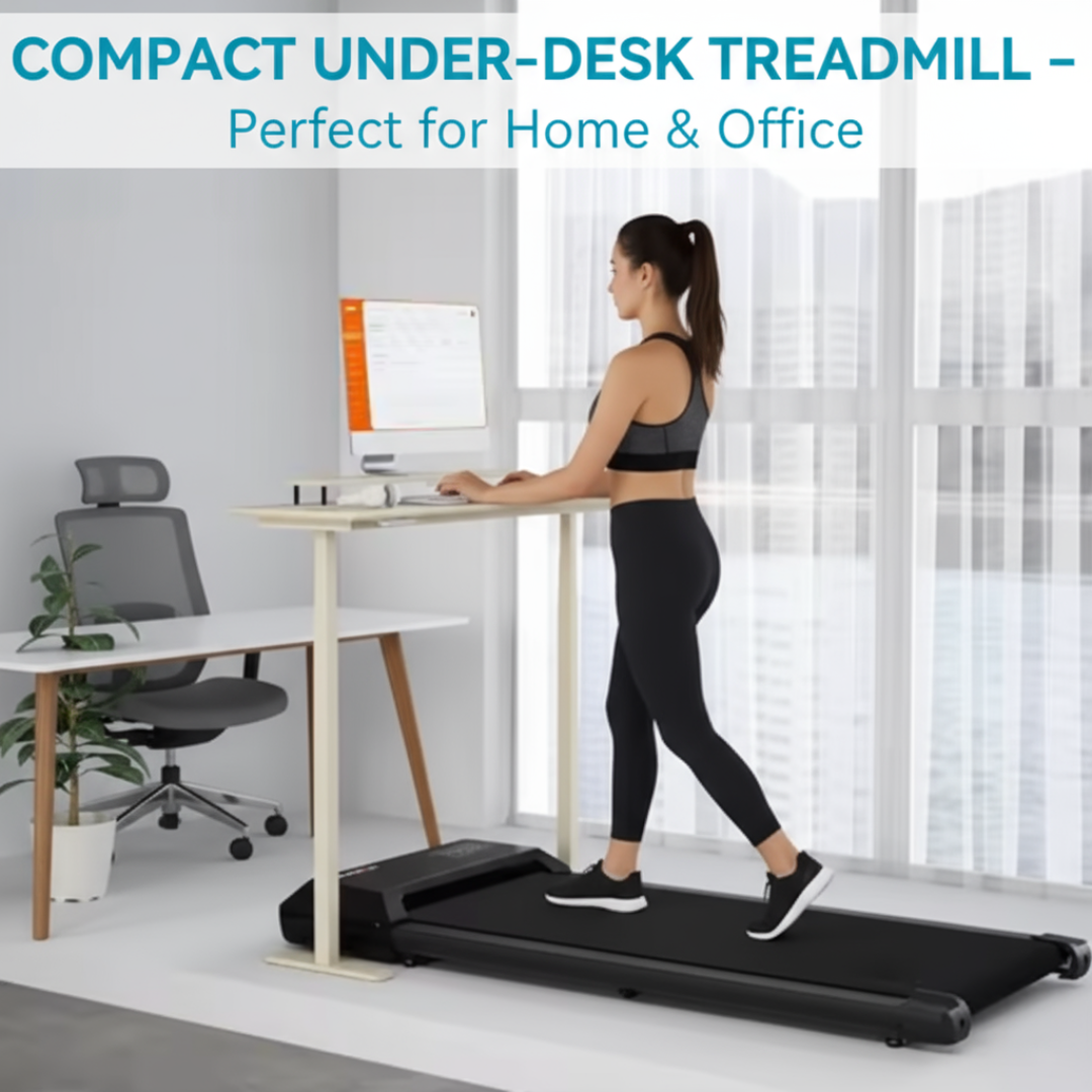 Pulserig Compact Under-Desk Treadmill UK woman in home office with furniture moved