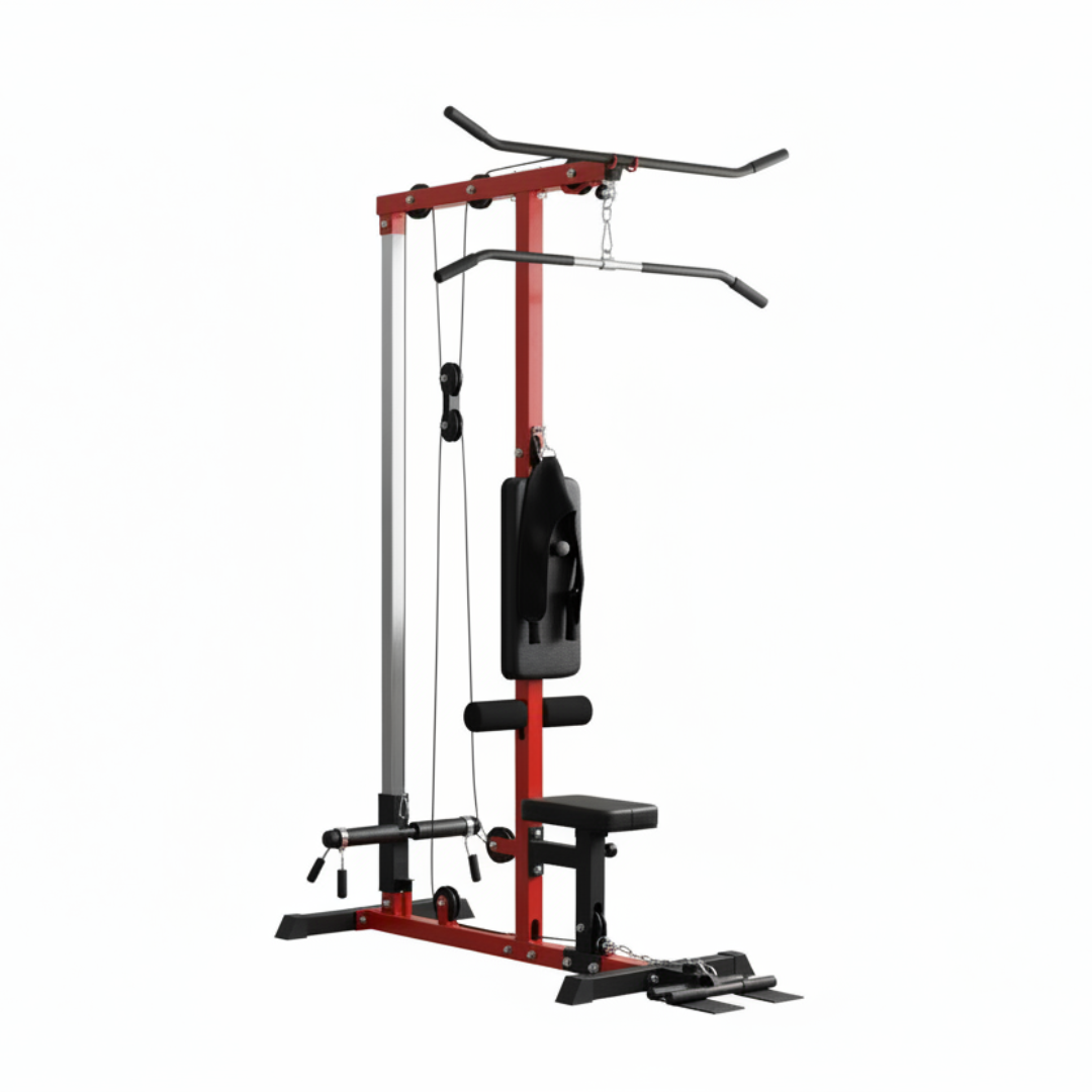 Red and black lat pulldown machine 45 degree angle white background studio shot