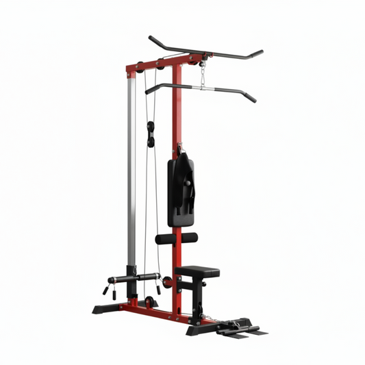 Red and black lat pulldown machine 45 degree angle white background studio shot