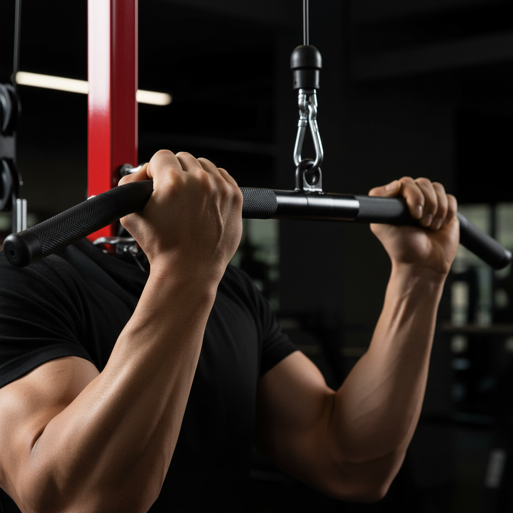 Close-up of stainless steel cable system and lat pulldown bar on premium home gym equipment 