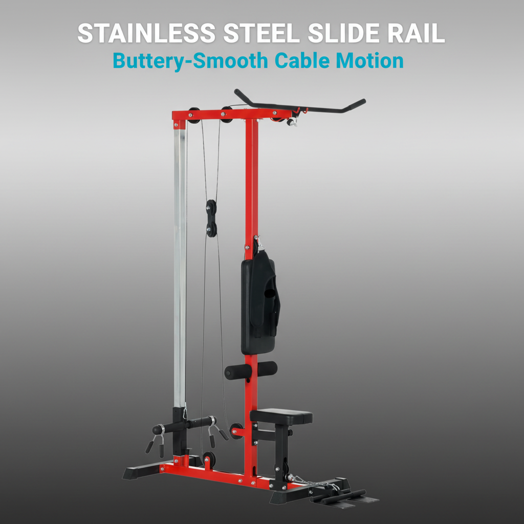 Stainless steel slide rail system for smooth cable motion on premium lat pulldown machine