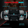 Close-up image of adjustable dumbbell showing steel plates, anti-slip handle grip, and secure lock system