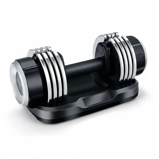 Adjustable dumbbell with black and chrome design on stand, showing 5-level quick weight adjustment from 2.5kg to 12.5kg