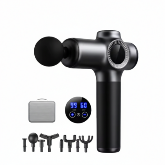 Pulserig 99-speed massage gun with LCD display, carrying case and multiple attachments for deep tissue muscle therapy