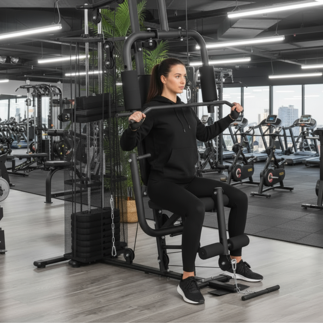 Person using pulserig multi gym utility fitness machine for home fitness training