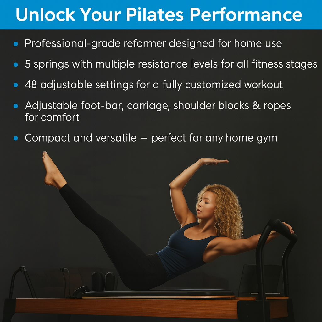 Pulserig Pilates reformer machine with woman performing Pilates exercise, text overlay describing resistance levels, customization, and home gym benefits.