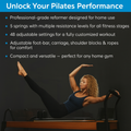 Pulserig Pilates reformer machine with woman performing Pilates exercise, text overlay describing resistance levels, customization, and home gym benefits.