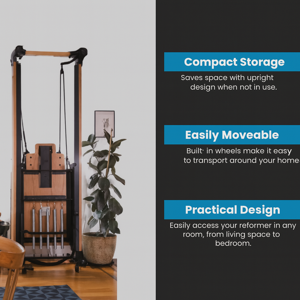 Pulserig Pilates reformer machine stored upright with blue highlight boxes explaining compact storage, portability, and practical design features. boxes explaining compact storage, portability, and practical design features.
