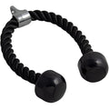 Black tricep rope with metal clip on a white background pulserig fitness