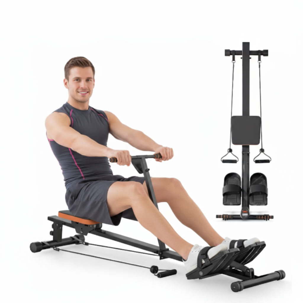 Man using a rowing machine with the product featuring standing 