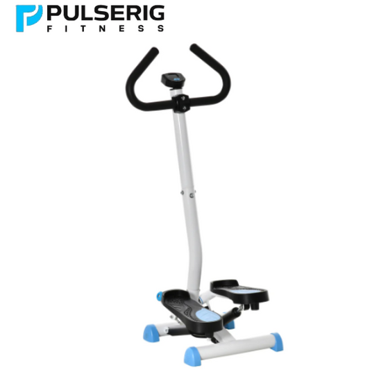 Pulserig twister stepper machine with adjustable resistance and twisting motion for home workouts, featuring handlebar and foot pedals.