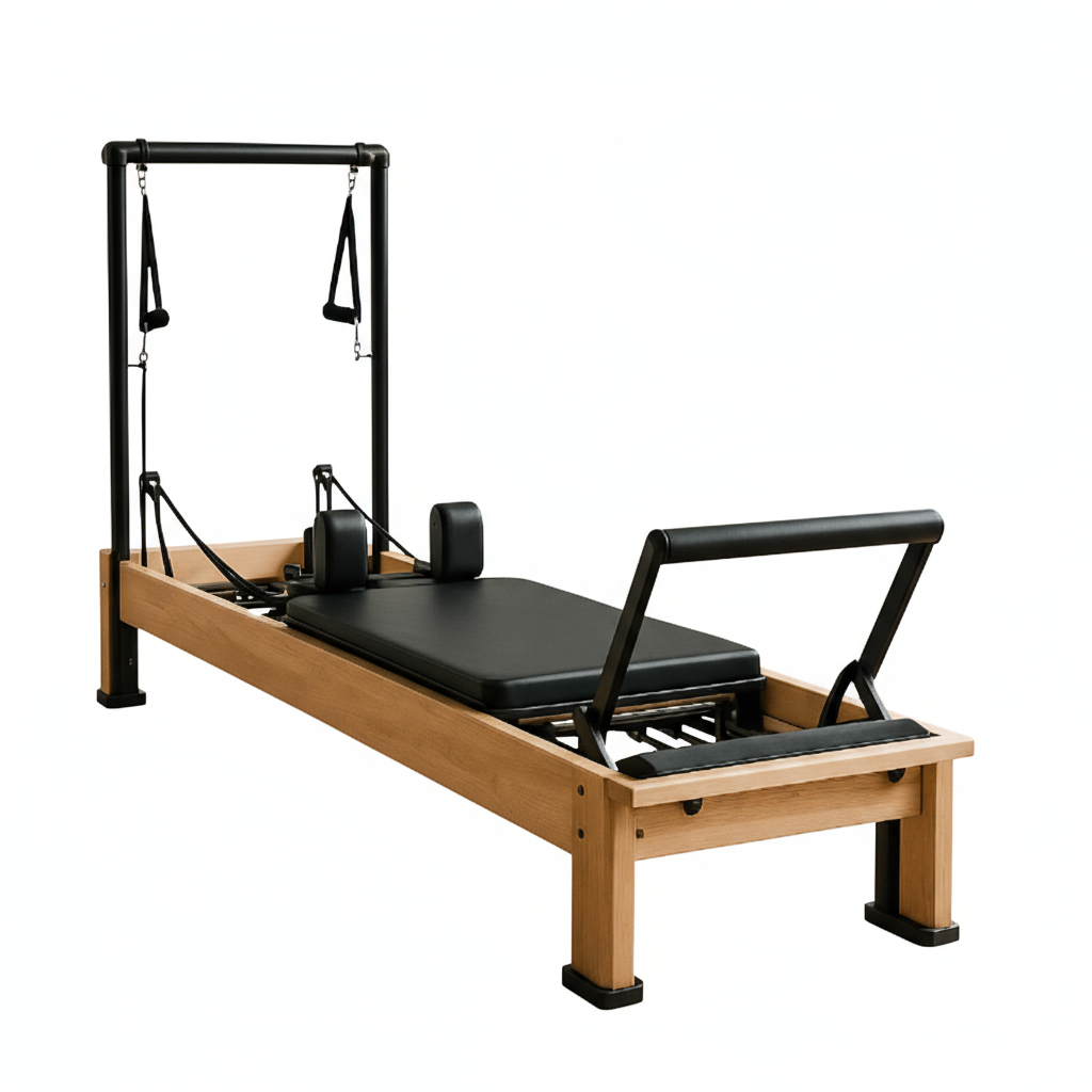 Pulserig wooden Pilates reformer machine with black padding and adjustable foot bar, side view on a white background