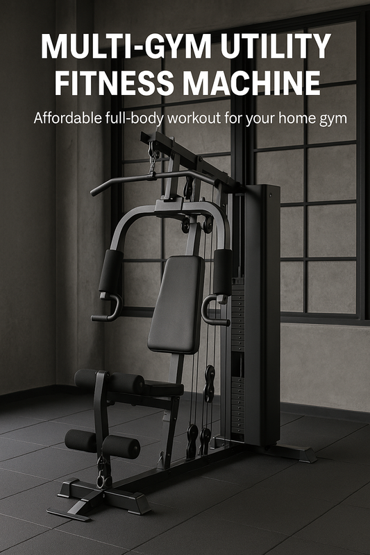 Multi-gym utility fitness machine in a home gym setting with text highlighting workout from home