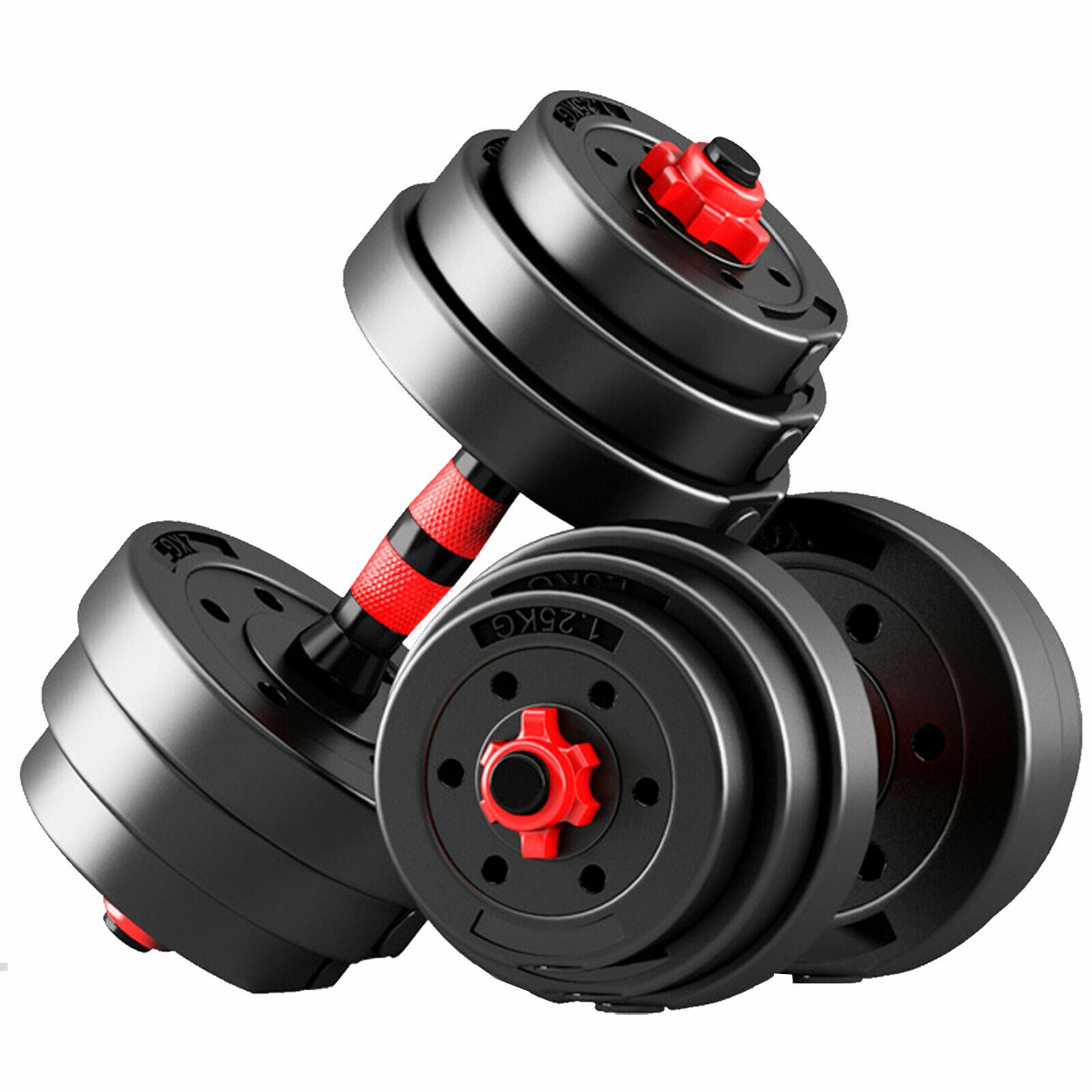Pulserig adjustable dumbbell set with black rubber-coated plates