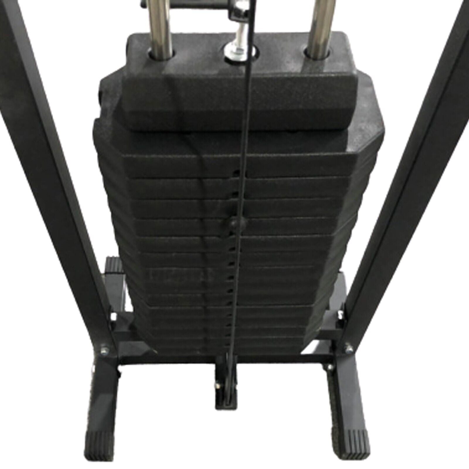 Stack of black weights on a metal stand with a white background